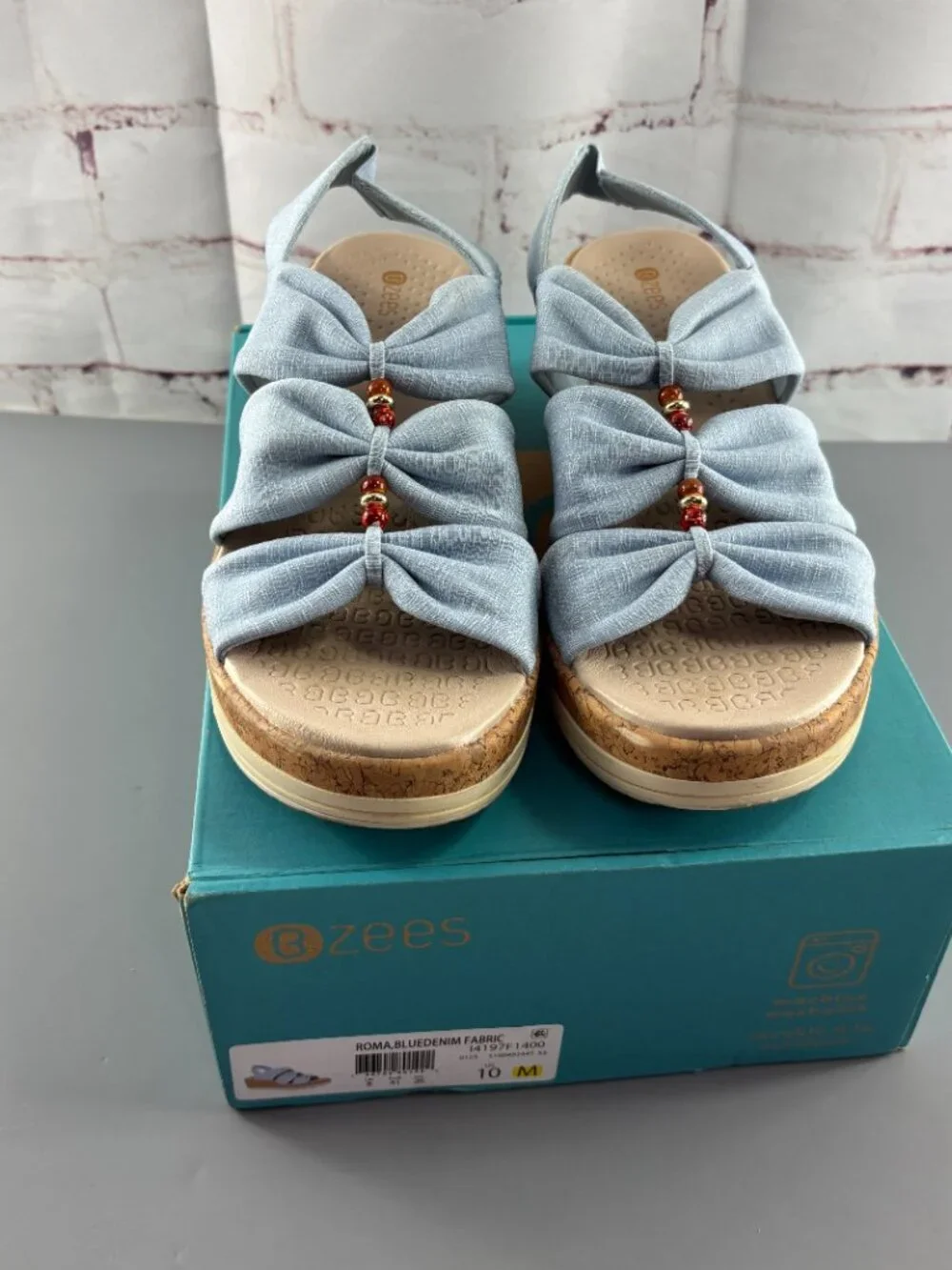 Bzees Cloud Roma Cork Wedge Beaded Washable Slip-On Sandal Blue Women's SZ 10 M